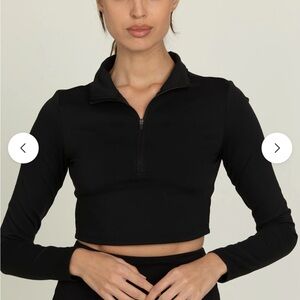 Gold Hinge Chic Black Long Sleeve Half Zip Crop Top